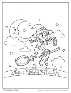 Halloween Coloring Page - Witch on a Broom 