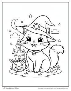 Halloween Coloring Page - Black Cat Wearing a Hat 